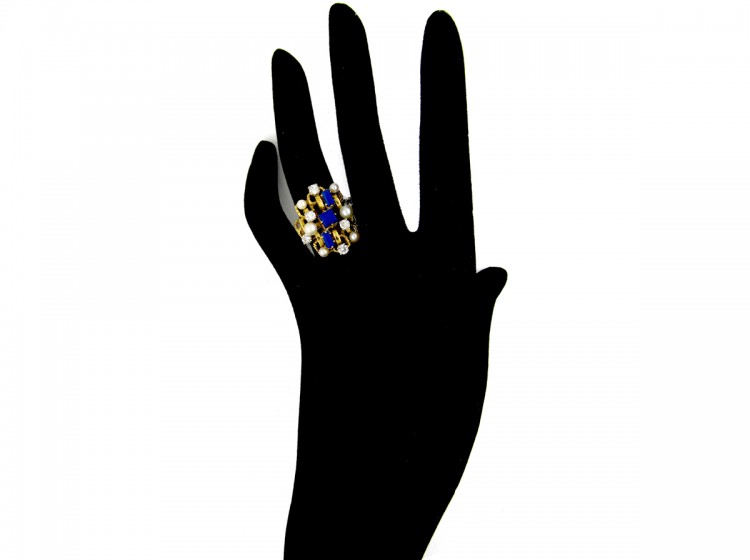 Lapis Lazuli, Pearl & Diamond 1960s Ring