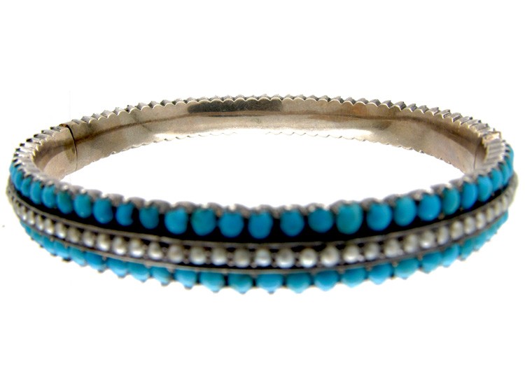 Turquoise & Pearl Silver Gilt Victorian Bangle
