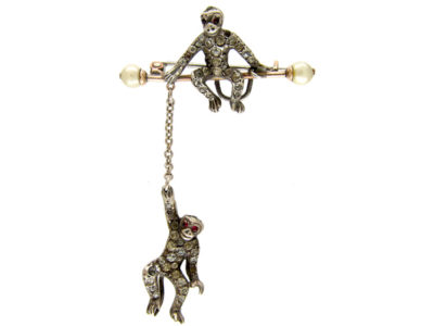 Edwardian Paste & Silver Double Monkey Brooch