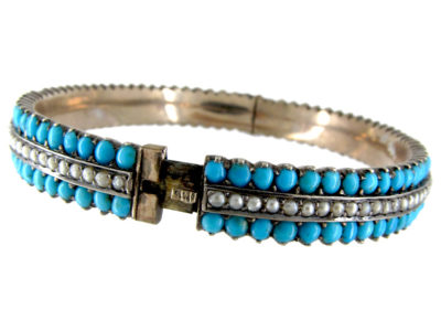 Turquoise & Pearl Silver Gilt Victorian Bangle