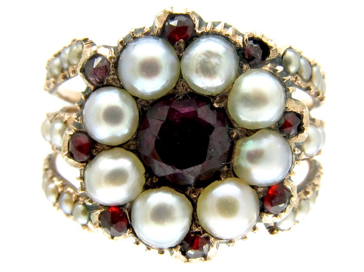 Georgian Natural Pearl & Garnet Cluster Ring
