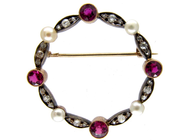 Edwardian Ruby, Diamond & Pearl Circular Brooch