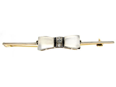 Art Deco Moonstone, Onyx & Diamonds Bow Brooch