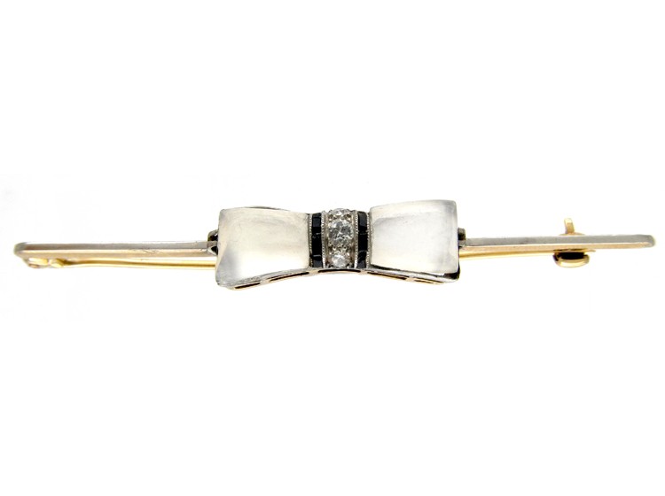 Art Deco Moonstone, Onyx & Diamonds Bow Brooch