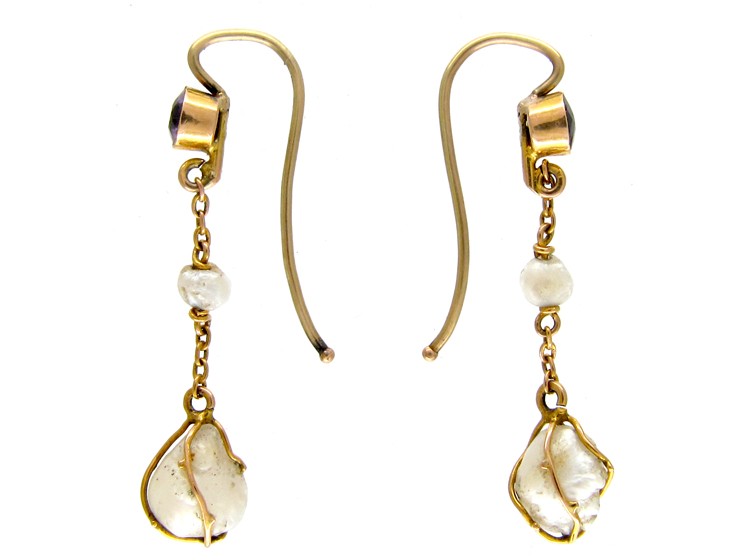 Amethyst & Caged Pearl Drop Earrings