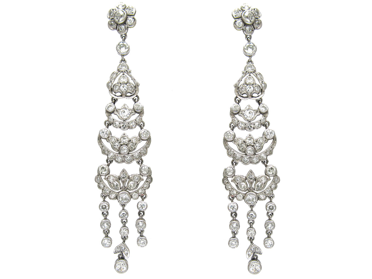 Edwardian Platinum & Diamond Long Drop Earrings (584B) | The Antique ...