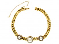 Natural Pearl Triple Cluster & Diamond 18ct Gold Victorian Bracelet
