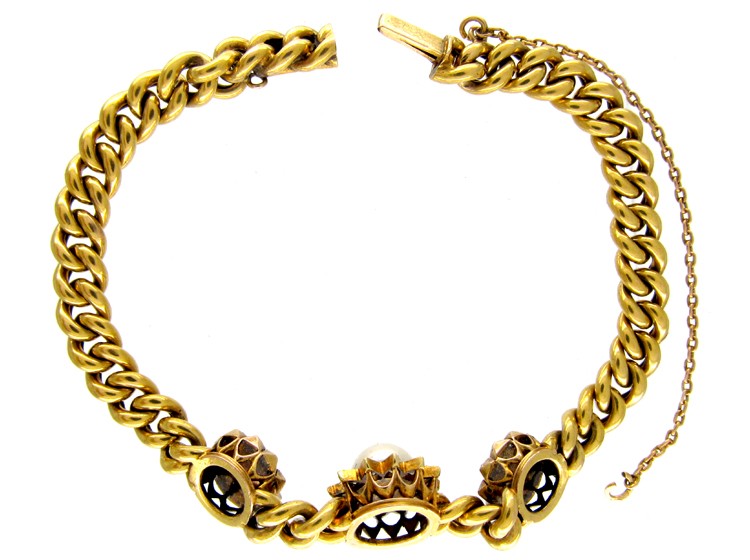 Natural Pearl Triple Cluster & Diamond 18ct Gold Victorian Bracelet