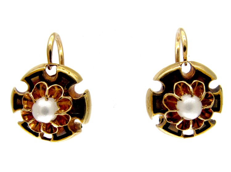 Victorian Black Enamel & Pearl 18ct Gold Earrings