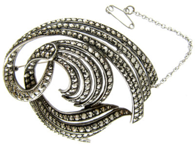 Marcasite Swirly Silver Art Deco Brooch