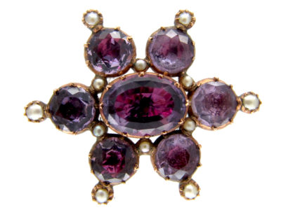 Foiled Amethyst & Natural Split Pearl Georgian Gold Brooch