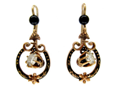 Diamond & Black Enamel Drop Victorian Earrings