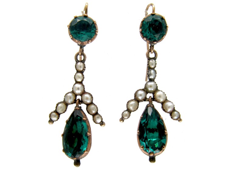 Georgian Green Paste & Pearl Gold Drop Earrings