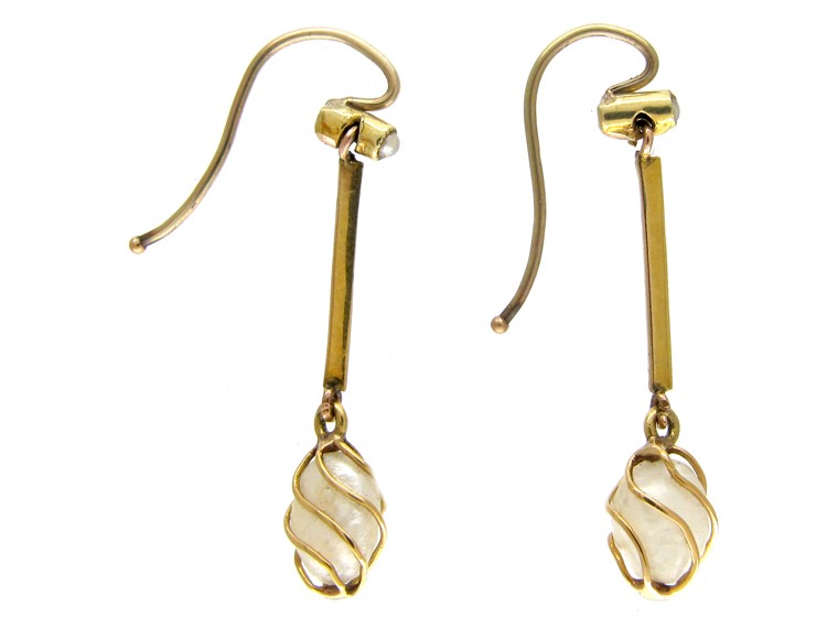 Caged Pearl Gold Drop Edwardian Earrings