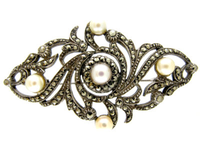 Pearl & Marcasite Silver Art Deco Brooch