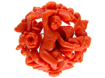 Large Carved Coral Cherub Brooch