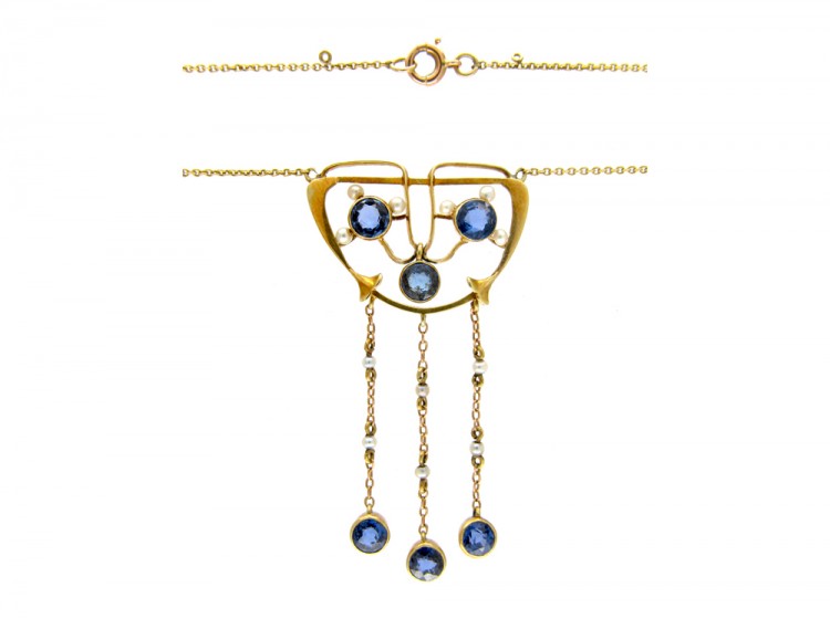 Sapphire & Natural Pearls 15ct Gold Art Nouveau Pendant on Chain