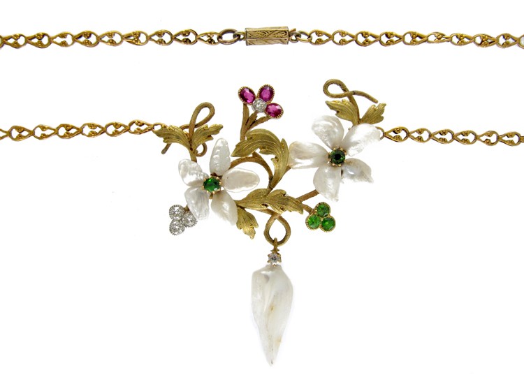 Suffragette Green Garnet, Diamond, Ruby & Natural Pearl Necklace