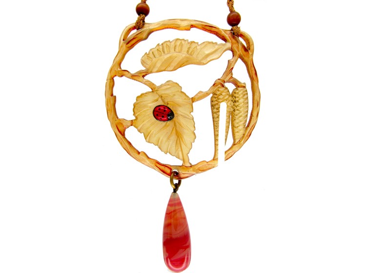 Carved Horn Art Nouveau Pendant with Ladybird