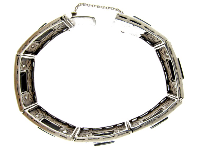 Art Deco Onyx & Paste Silver Bracelet