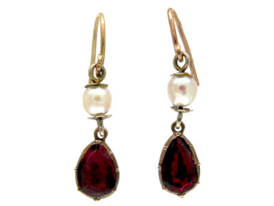 Flat Cut Garnet & Pearl Drop Earrings