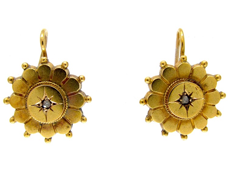 Victorian 15ct Gold Diamond Set Flower Earrings