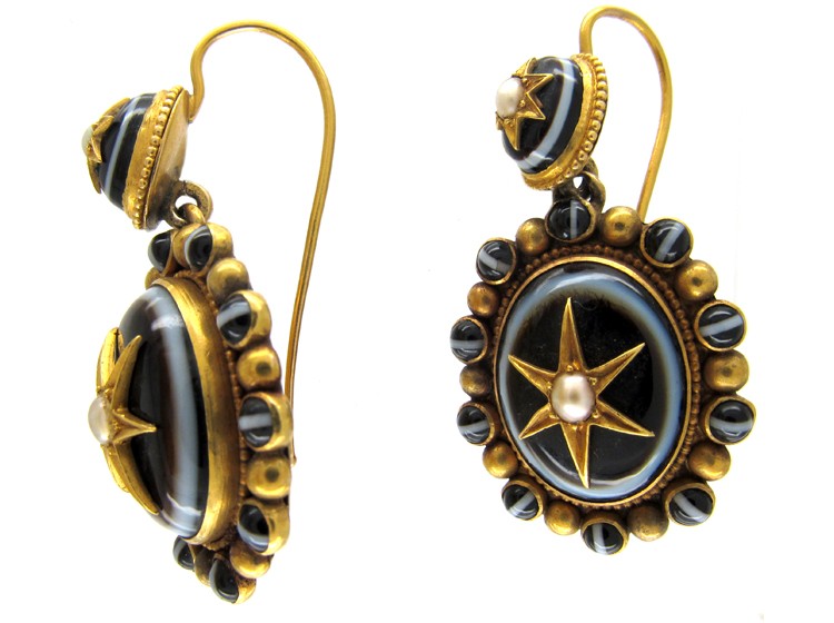 Banded Onyx & Pearl Drop Victorian Earrings