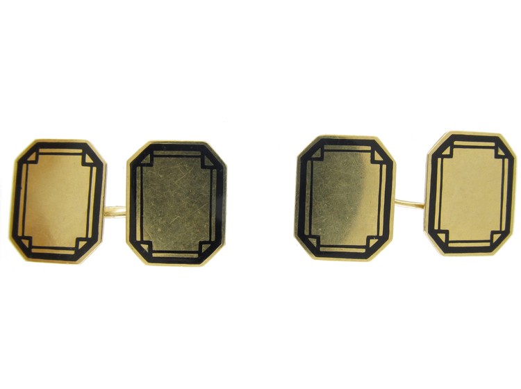 Art Deco 14ct Gold & Black Enamel Geometric Design Cufflinks