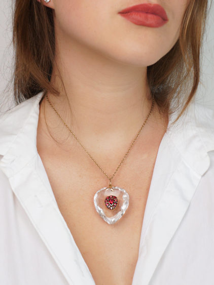 Edwardian Rock Crystal & Flat Cut Garnet Heart Pendant