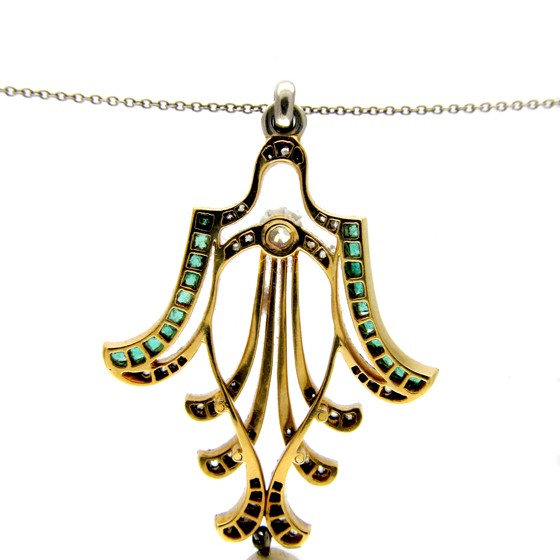 Emerald & Diamond Art Deco Pendant on Chain
