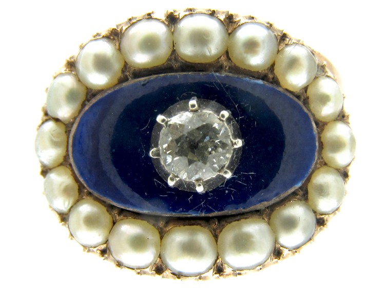 Georgian Oval Diamond, Natural Split Pearls & Royal Blue Enamel Ring