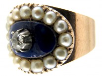 Georgian Oval Diamond, Natural Split Pearls & Royal Blue Enamel Ring