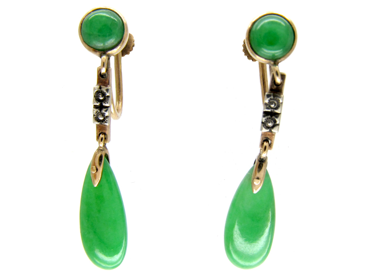 Jade Drop Gold Earrings (328D) | The Antique Jewellery Company