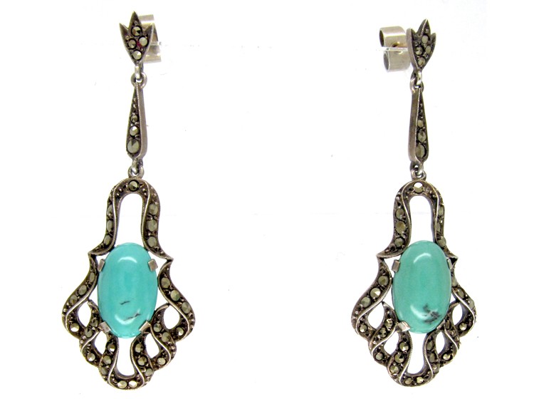 Art Deco Marcasite, Turquoise & Silver Drop Earrings