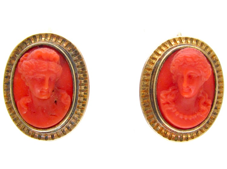Coral Carved Cameo Regency Earrings