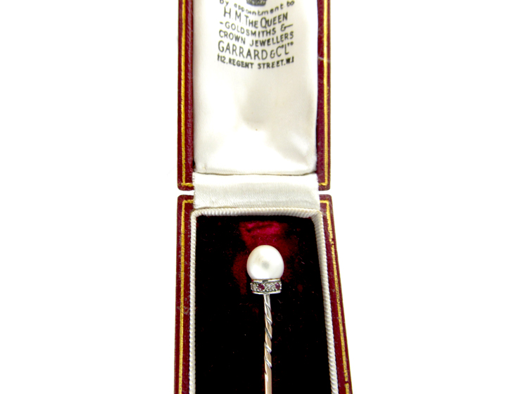 Natural Pearl Diamond & Ruby Tie Pin in Original Case (362D) The