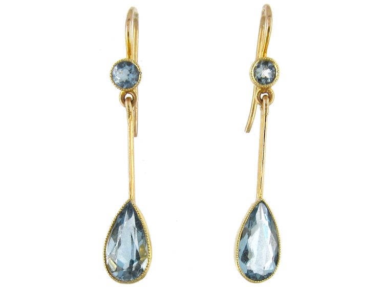 Aquamarine 15ct Gold Drop Earrings (432D) | The Antique Jewellery Company
