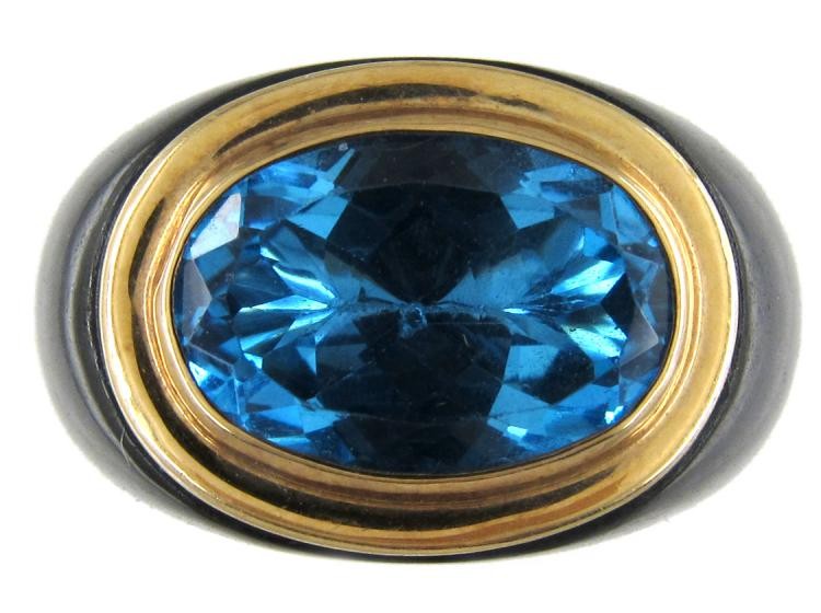 Blue Topaz & Onyx Gold Ring