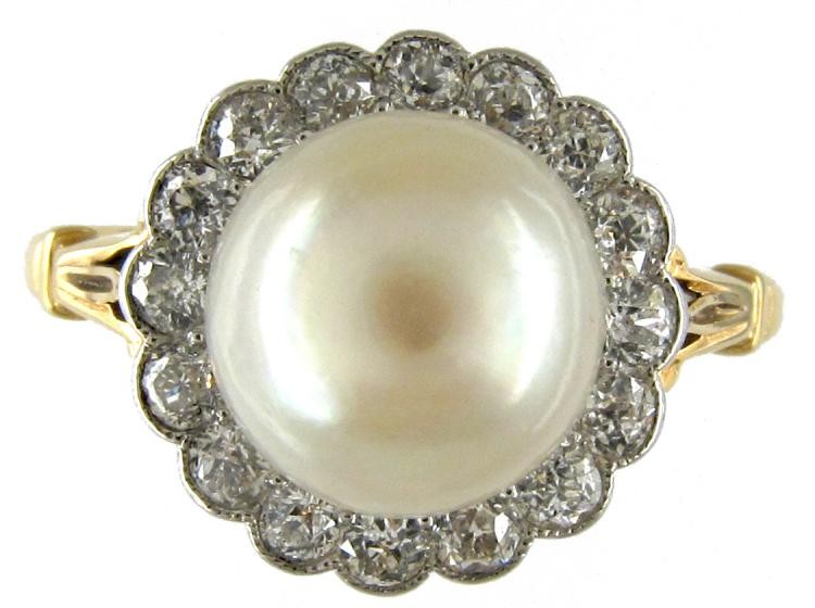 Natural Pearl & Diamond Edwardian Cluster Ring