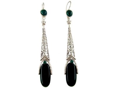 Art Deco Silver & Chalcedony Long Drop Earrings