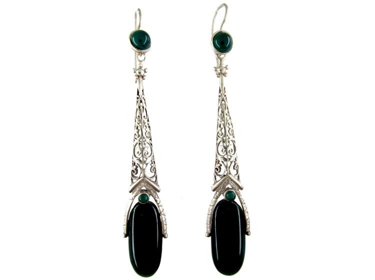 Art Deco Silver & Chalcedony Long Drop Earrings