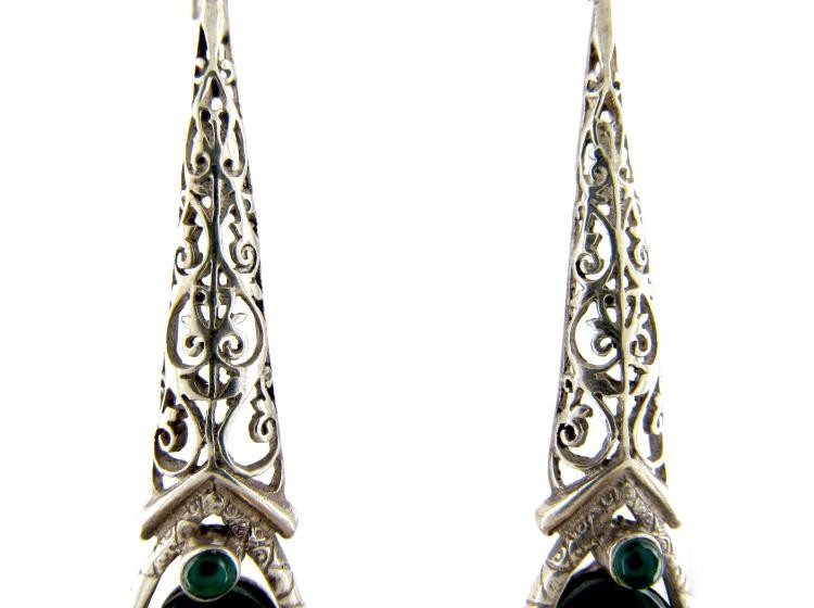 Art Deco Silver & Chalcedony Long Drop Earrings
