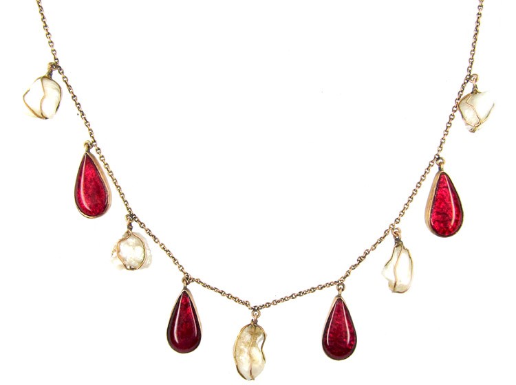 Art Nouveau Red Enamel ​& Baroque Pearl Gold Necklace