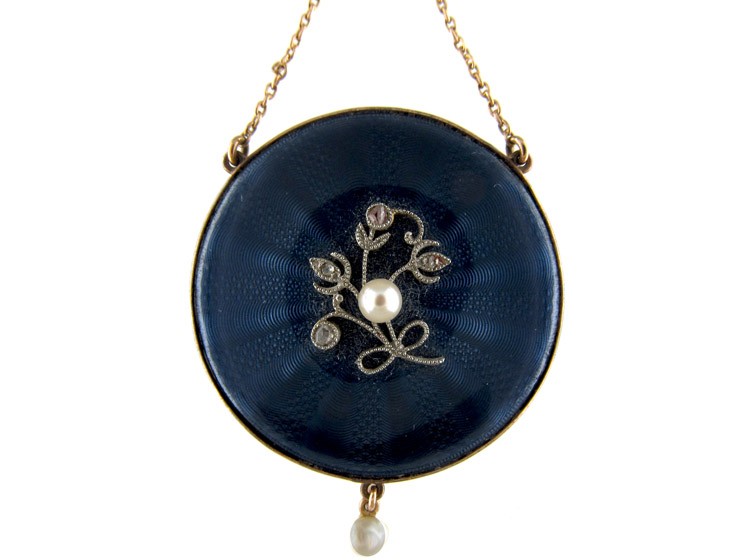 Edwardian 15ct Gold Enamel, Rose Diamond & Natural Pearl Round Pendant on 15ct Gold Chain
