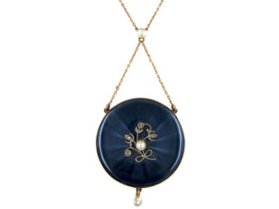 Edwardian 15ct Gold Enamel, Rose Diamond & Natural Pearl Round Pendant on 15ct Gold Chain