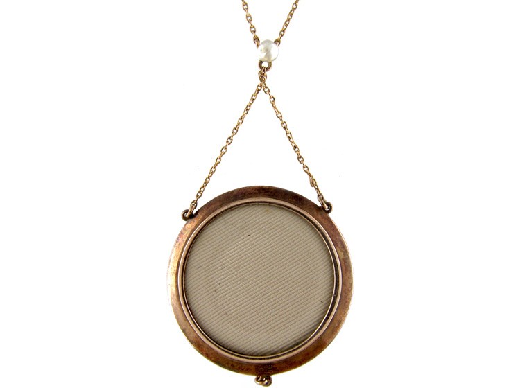 Edwardian 15ct Gold Enamel, Rose Diamond & Natural Pearl Round Pendant on 15ct Gold Chain