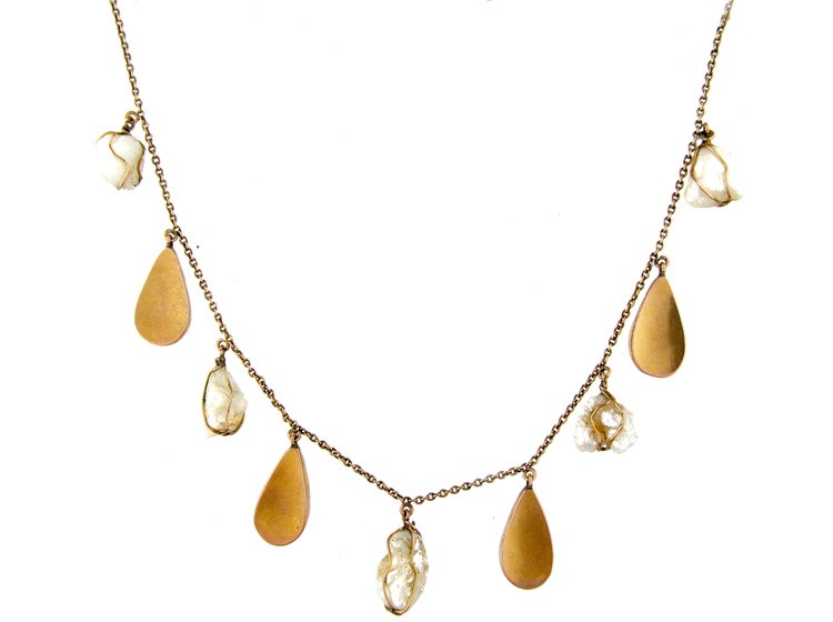 Art Nouveau Red Enamel ​& Baroque Pearl Gold Necklace