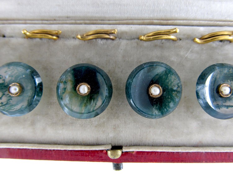 Set of Six Moss Agate & Gold Victorian Buttons