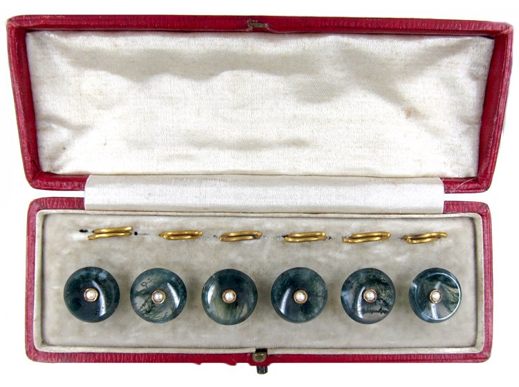 Set of Six Moss Agate & Gold Victorian Buttons