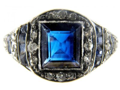Art Deco Square Cut Sapphire & Diamond Ring